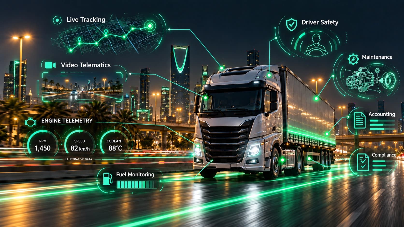 AI-generated illustration of a truck moving through Riyadh with mint-green holographic overlays for live tracking, video telematics, driver safety, fuel monitoring, maintenance, accounting and compliance, plus illustrative engine gauges.