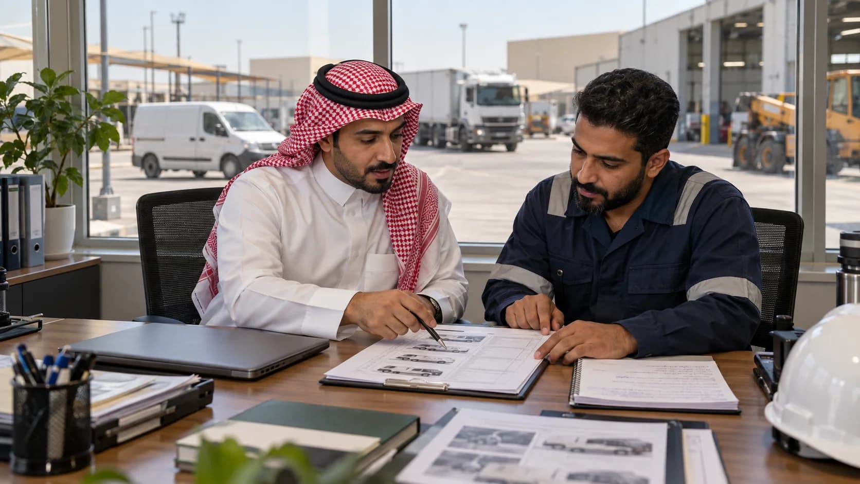 Fleet managers reviewing requirements beside a depot with different vehicle types.