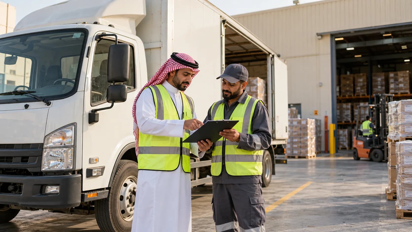 A dispatcher and driver confirming a delivery assignment beside a parked truck.