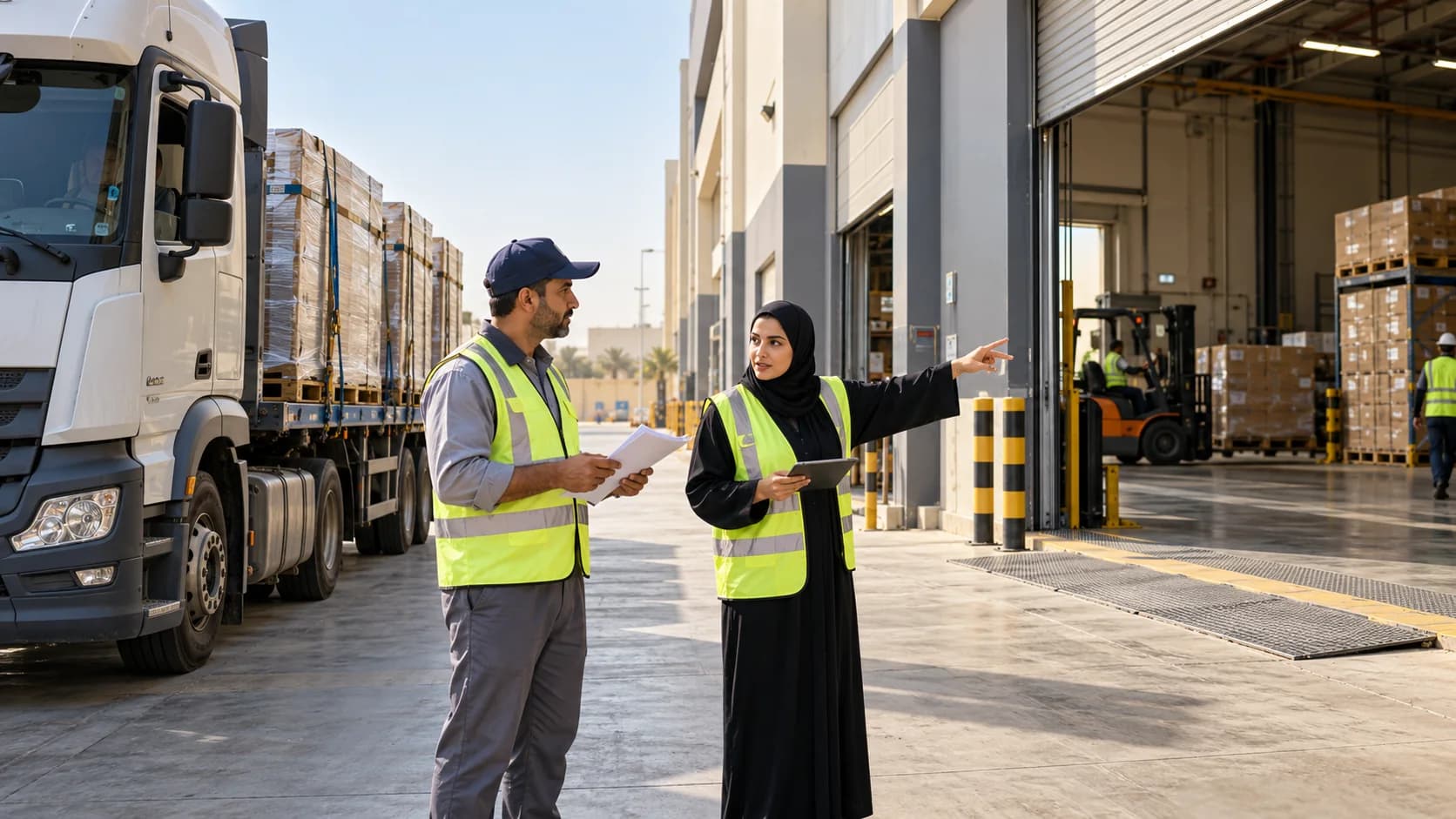 A driver and warehouse coordinator checking the receiving entrance and delivery load.