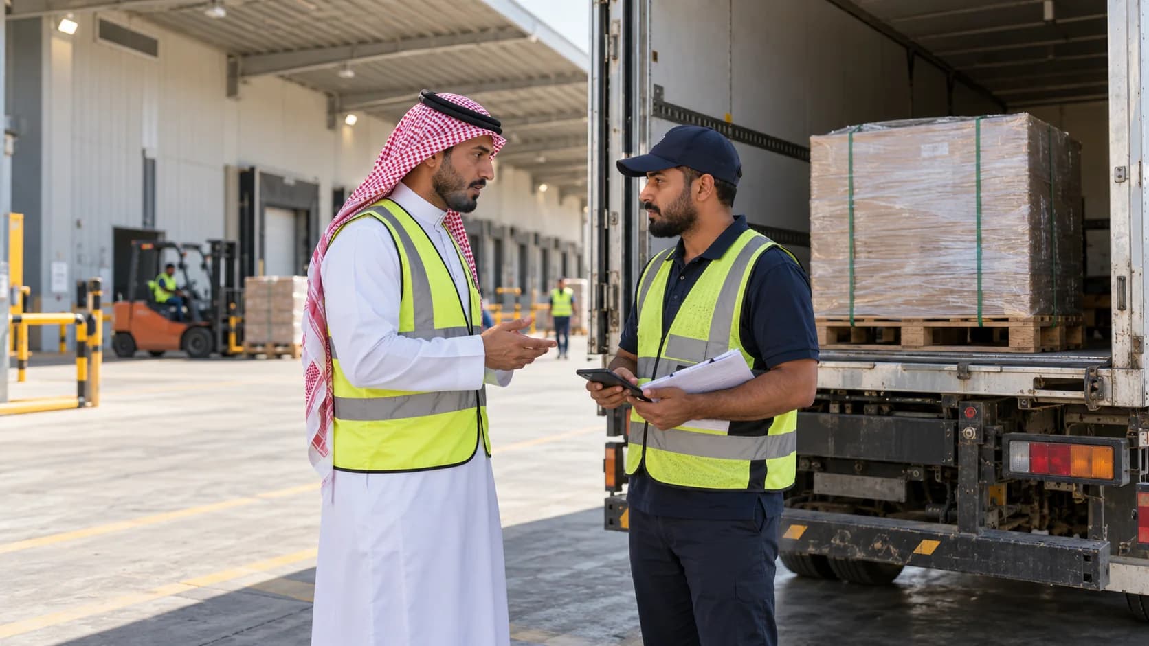 A driver and receiving coordinator reviewing a delivery exception beside a stationary truck.