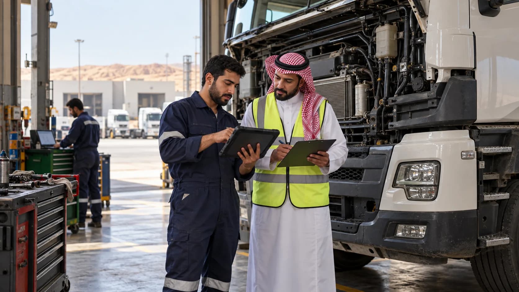 A technician and maintenance supervisor assessing a stationary truck in a workshop.