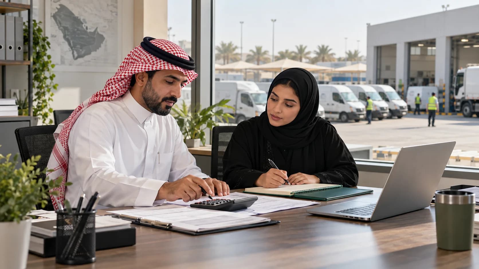 Fleet staff reviewing operating costs in an office overlooking commercial vehicles.