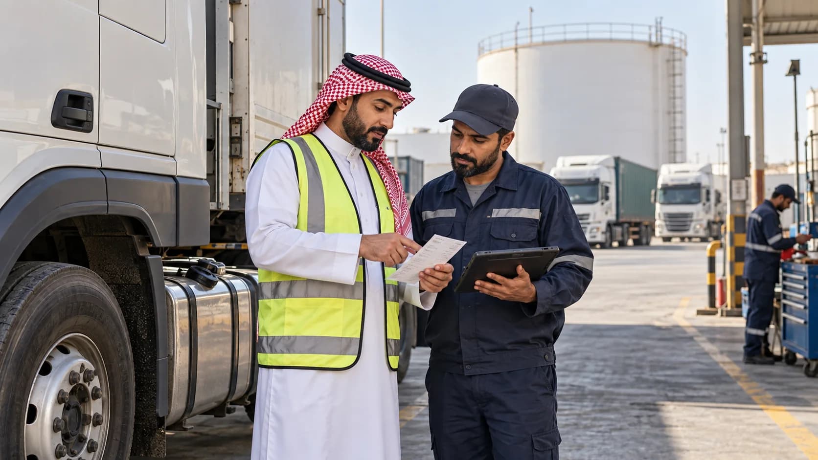 A supervisor and driver checking fuel records beside a stationary truck.