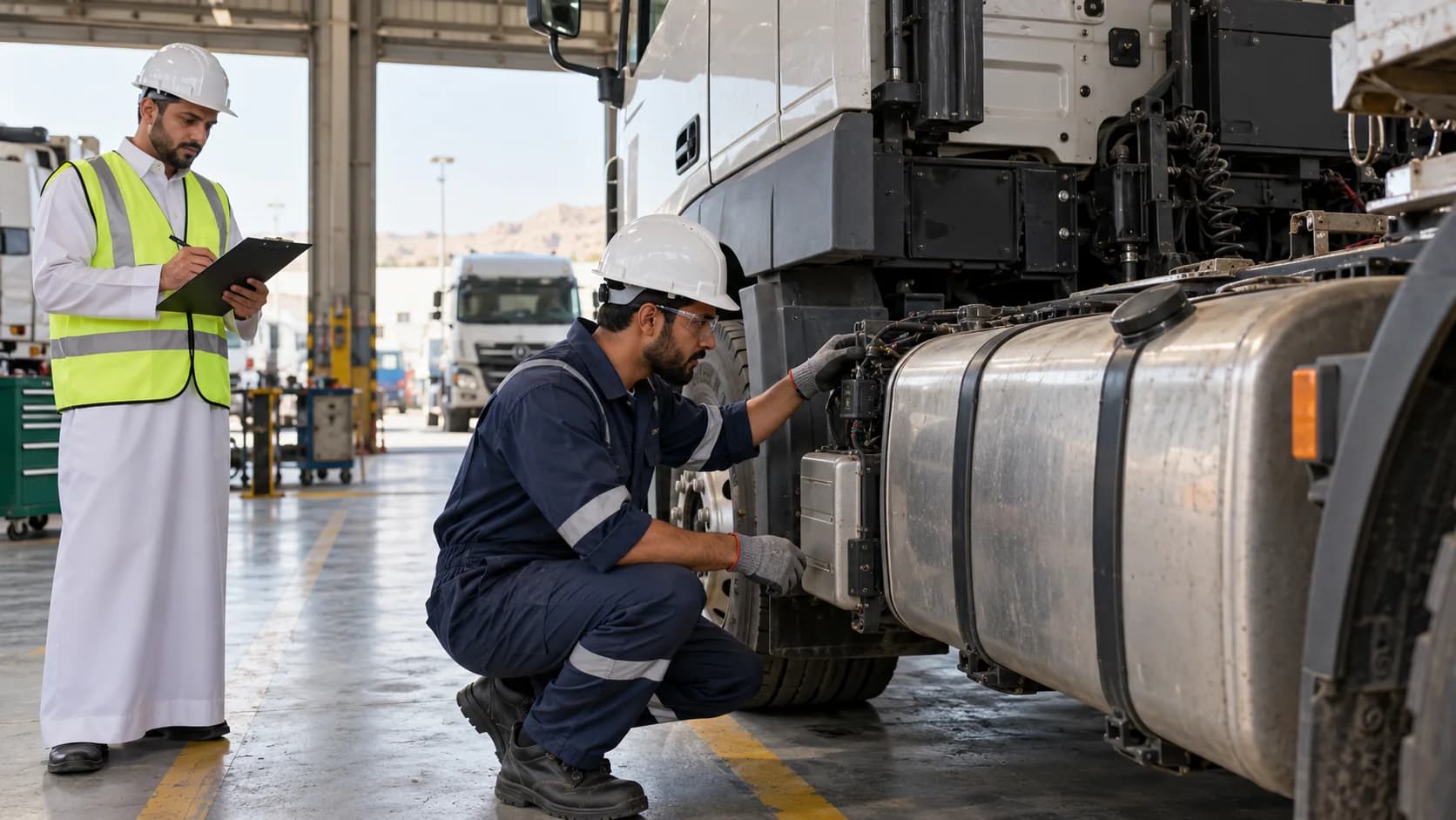 A technician checking a parked truck's fuel-tank measurement equipment.