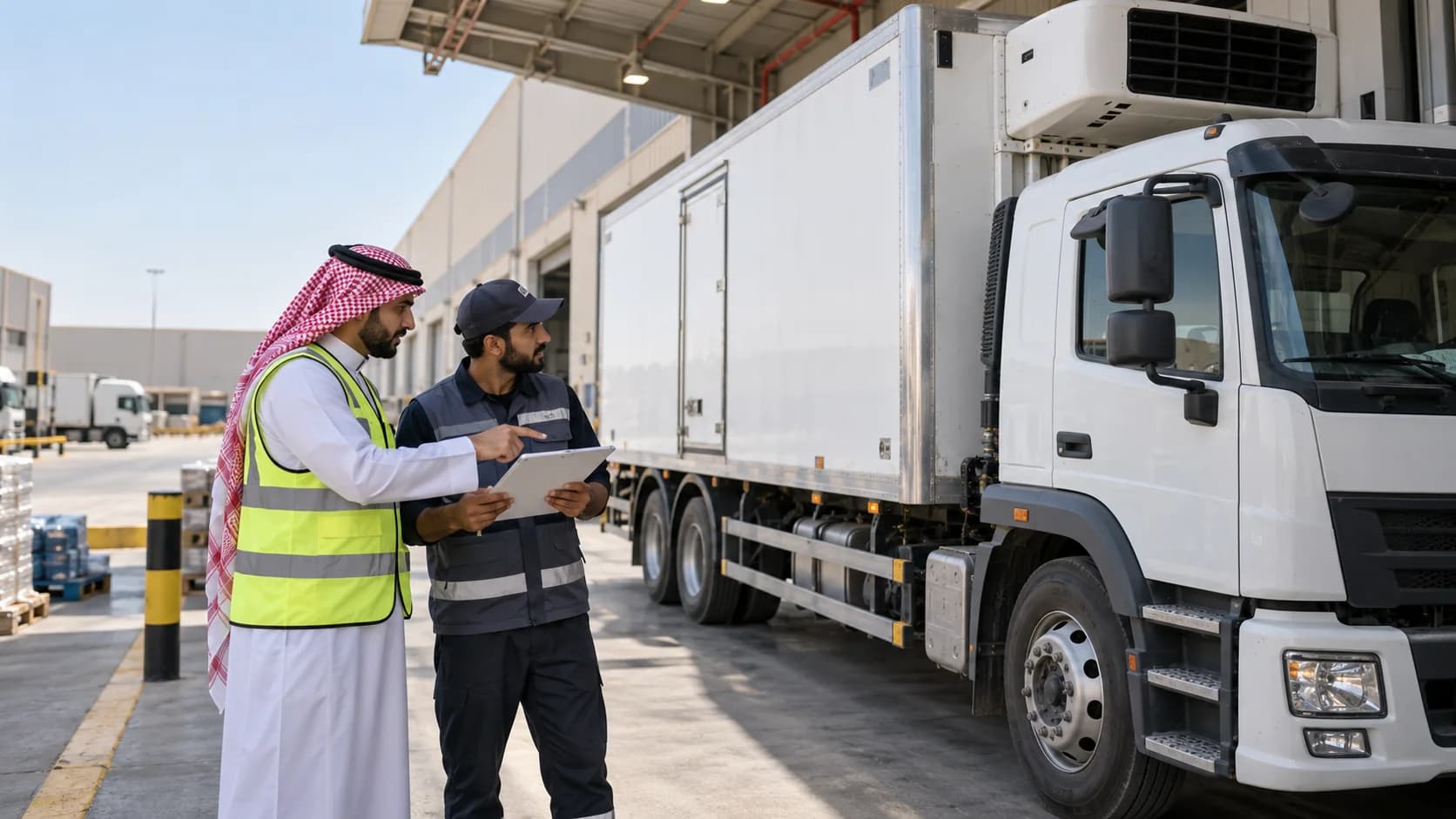 A driver and supervisor reviewing operating conditions beside a refrigerated truck.