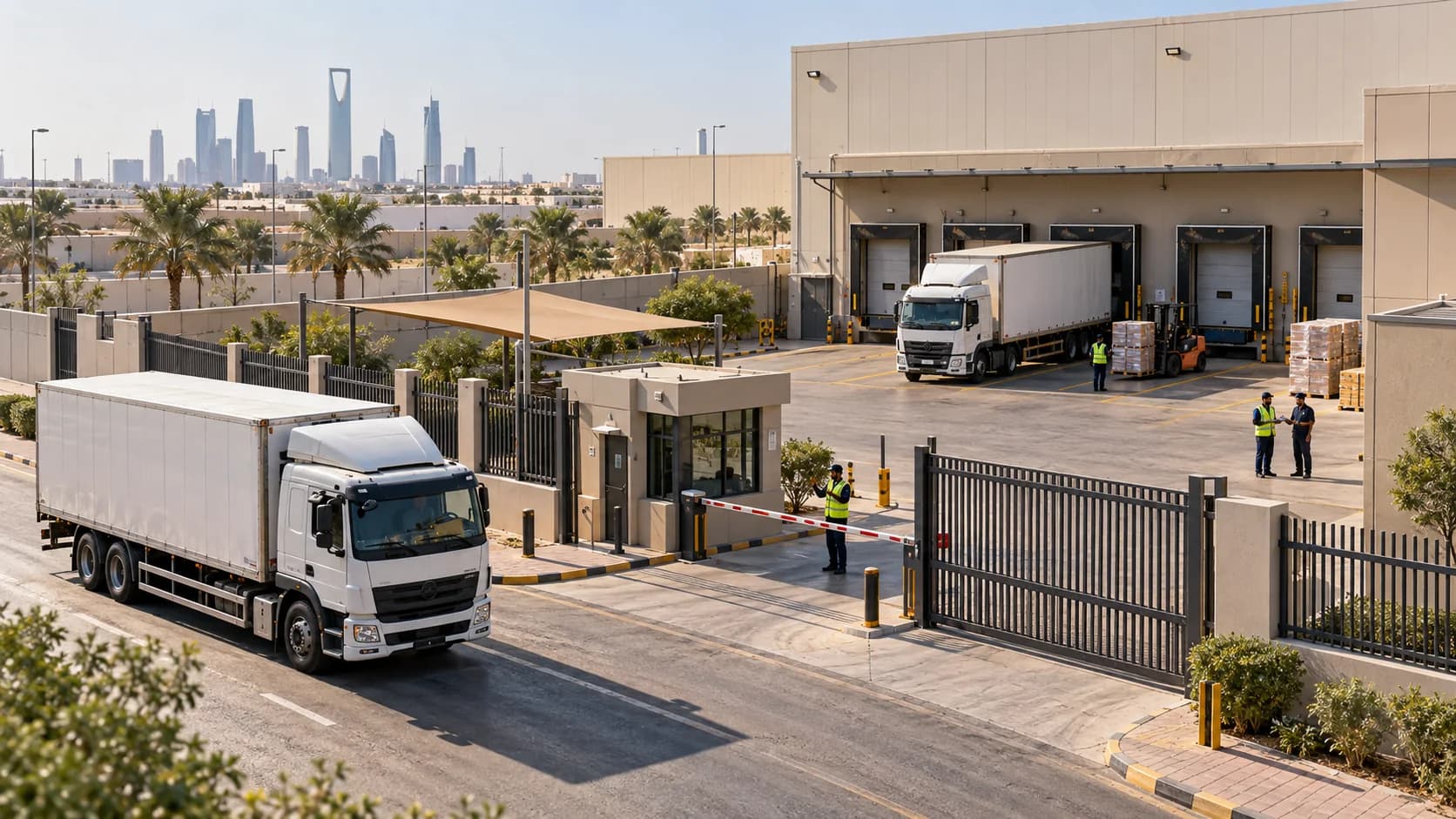 A depot entrance and loading yard separated from the public access road.