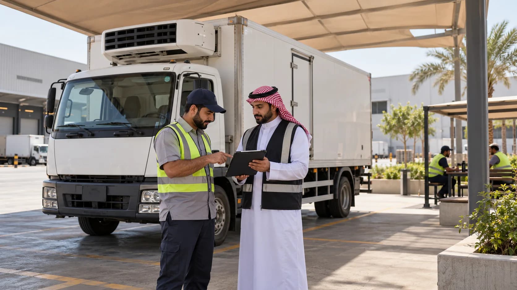 A driver and supervisor discussing a refrigerated truck's operation in a shaded depot.