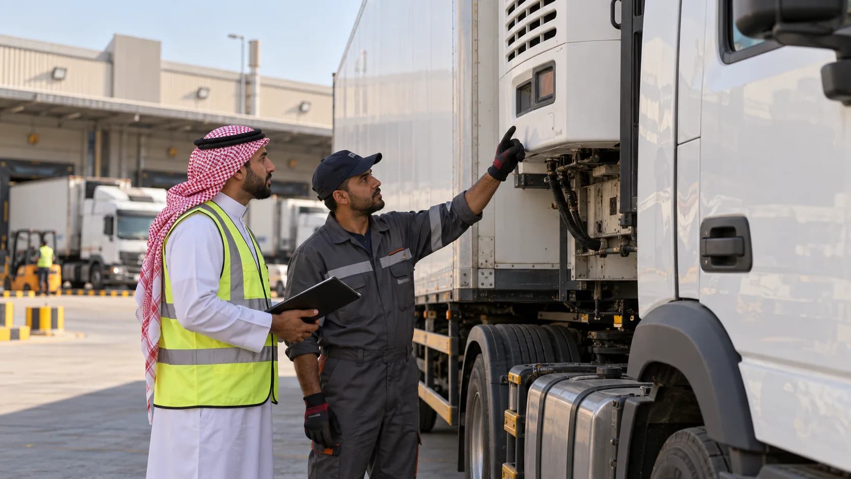 A supervisor and technician reviewing auxiliary equipment on a stationary refrigerated truck.