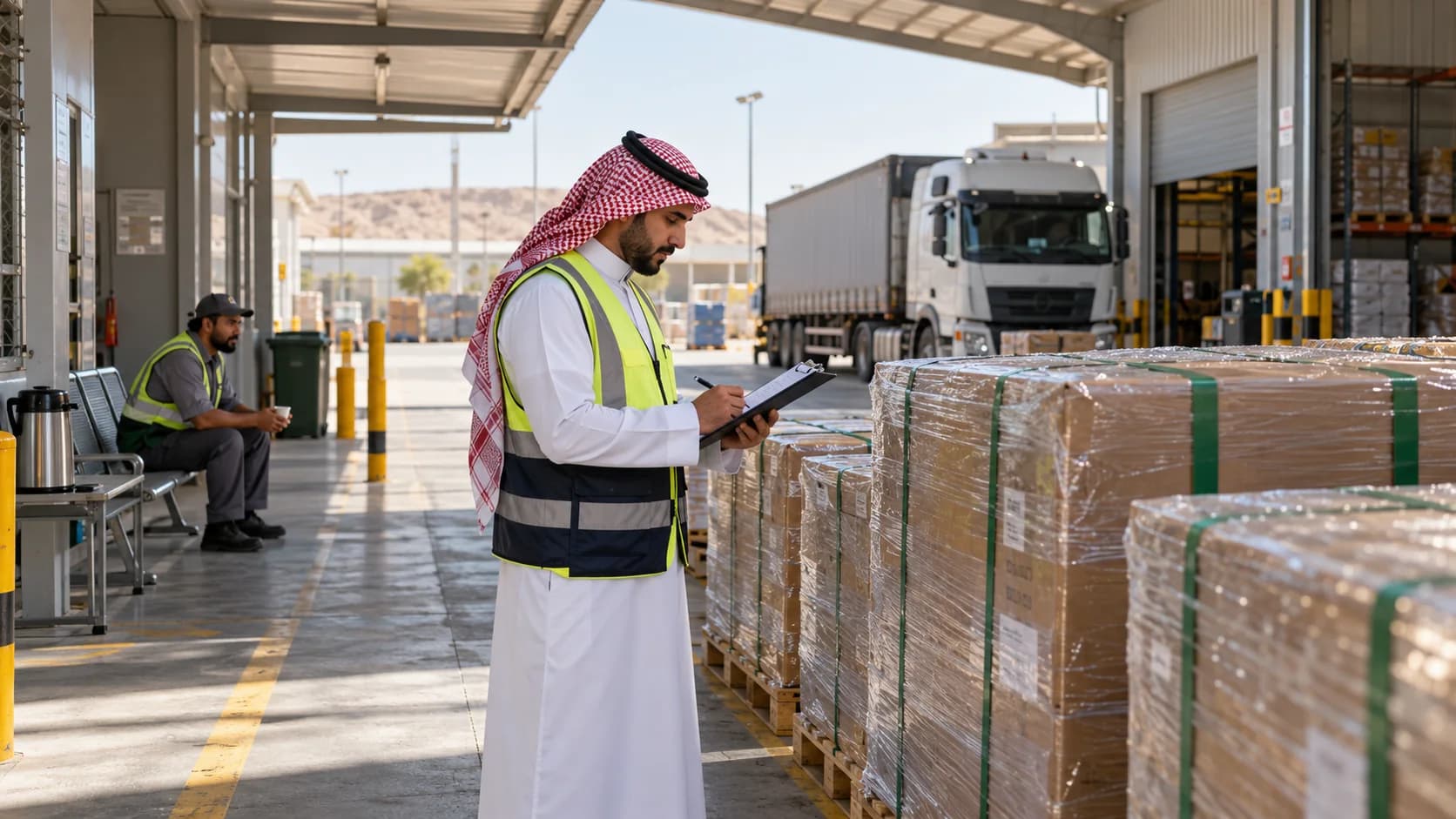 A loading coordinator checking cargo readiness while a driver waits in a sheltered area.