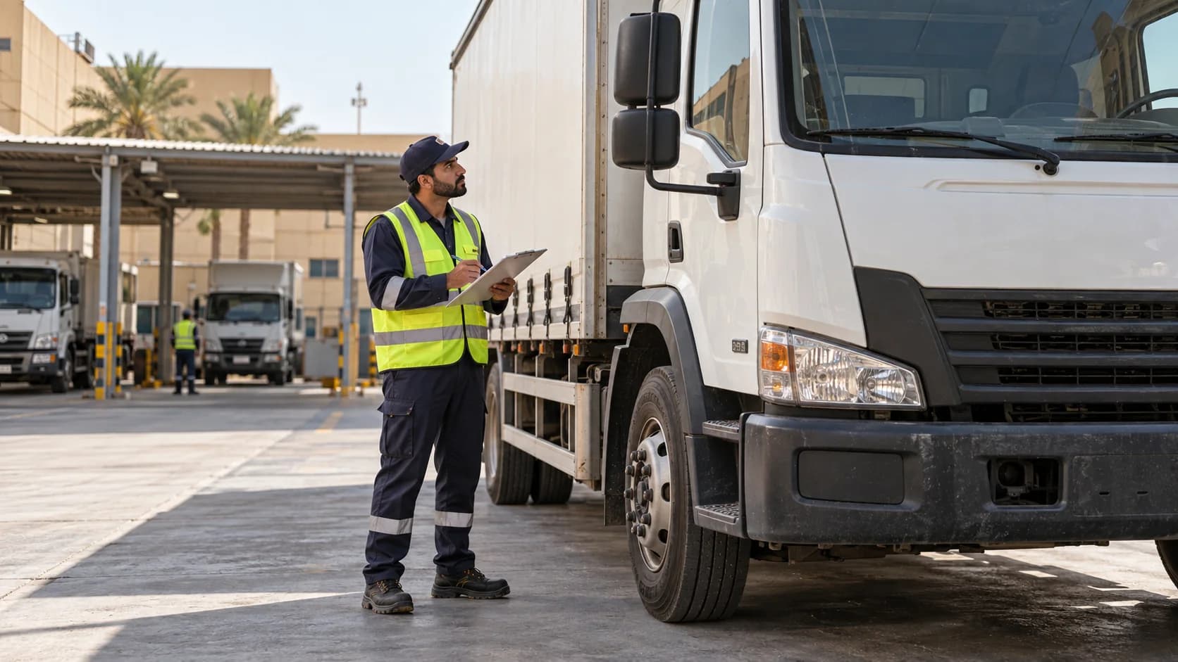 A driver carrying out a visual pre-trip check of a parked truck.