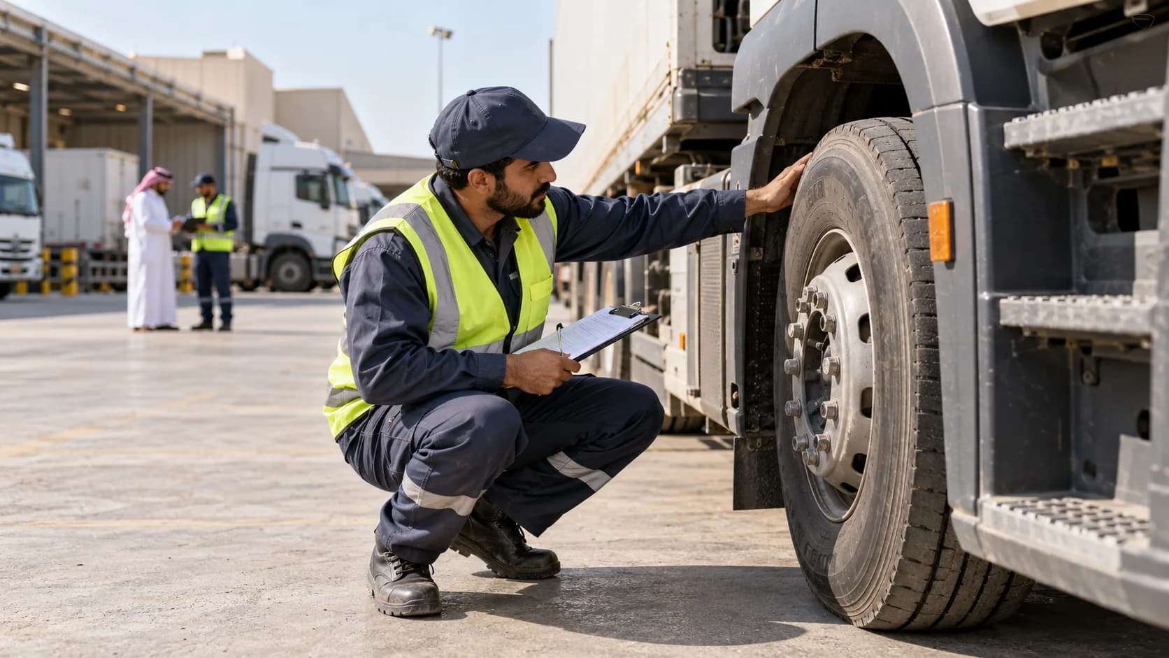 A driver visually checking a truck tyre from a safe position beside the vehicle.