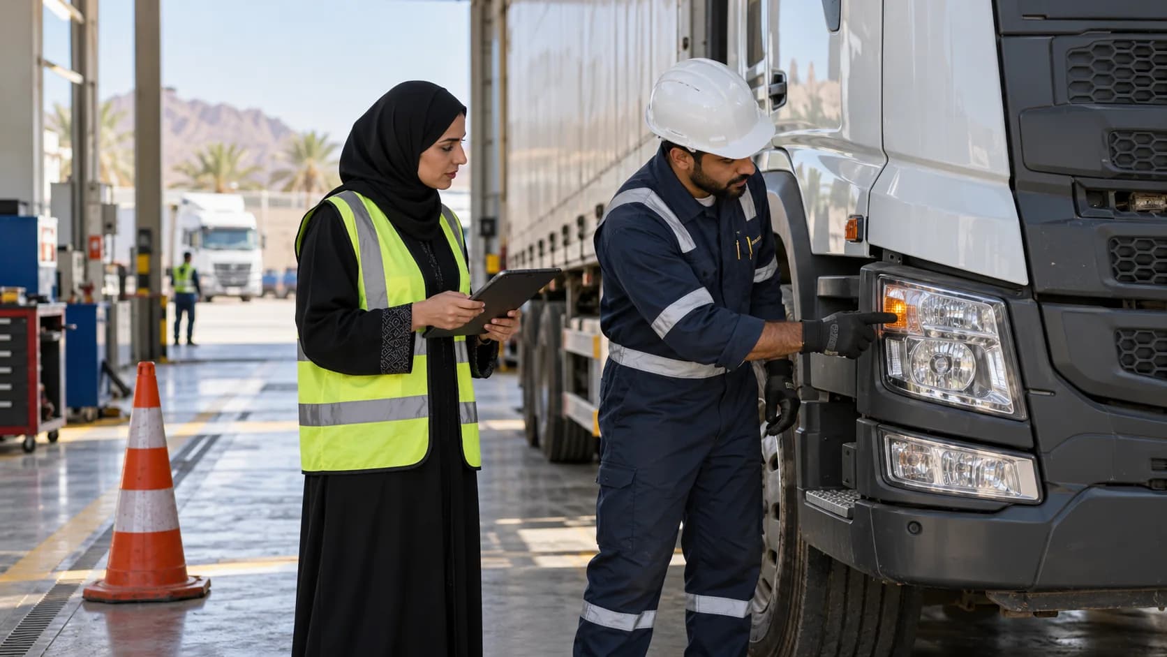 A dispatcher and technician reviewing an inspection defect before a vehicle is released.