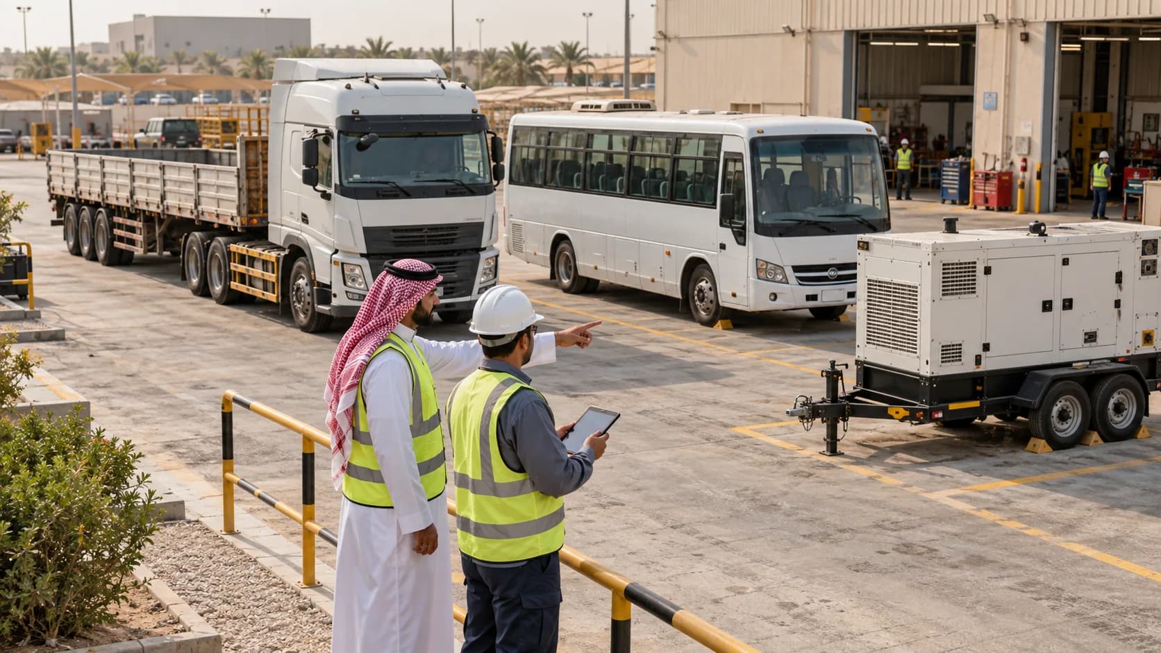 A contractor's yard with a truck, staff bus and generator serving different roles.