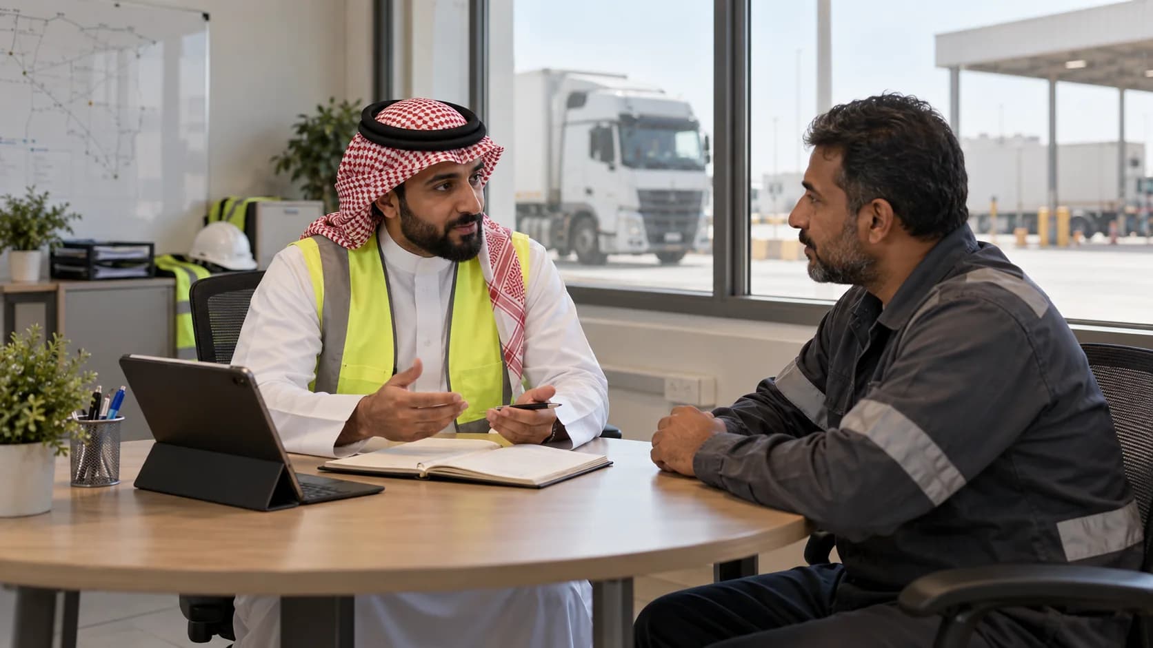 A safety supervisor listening to a driver during a private coaching conversation.