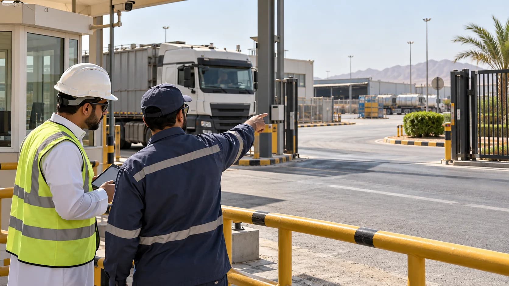 A driver and supervisor reviewing visibility at a protected depot exit.