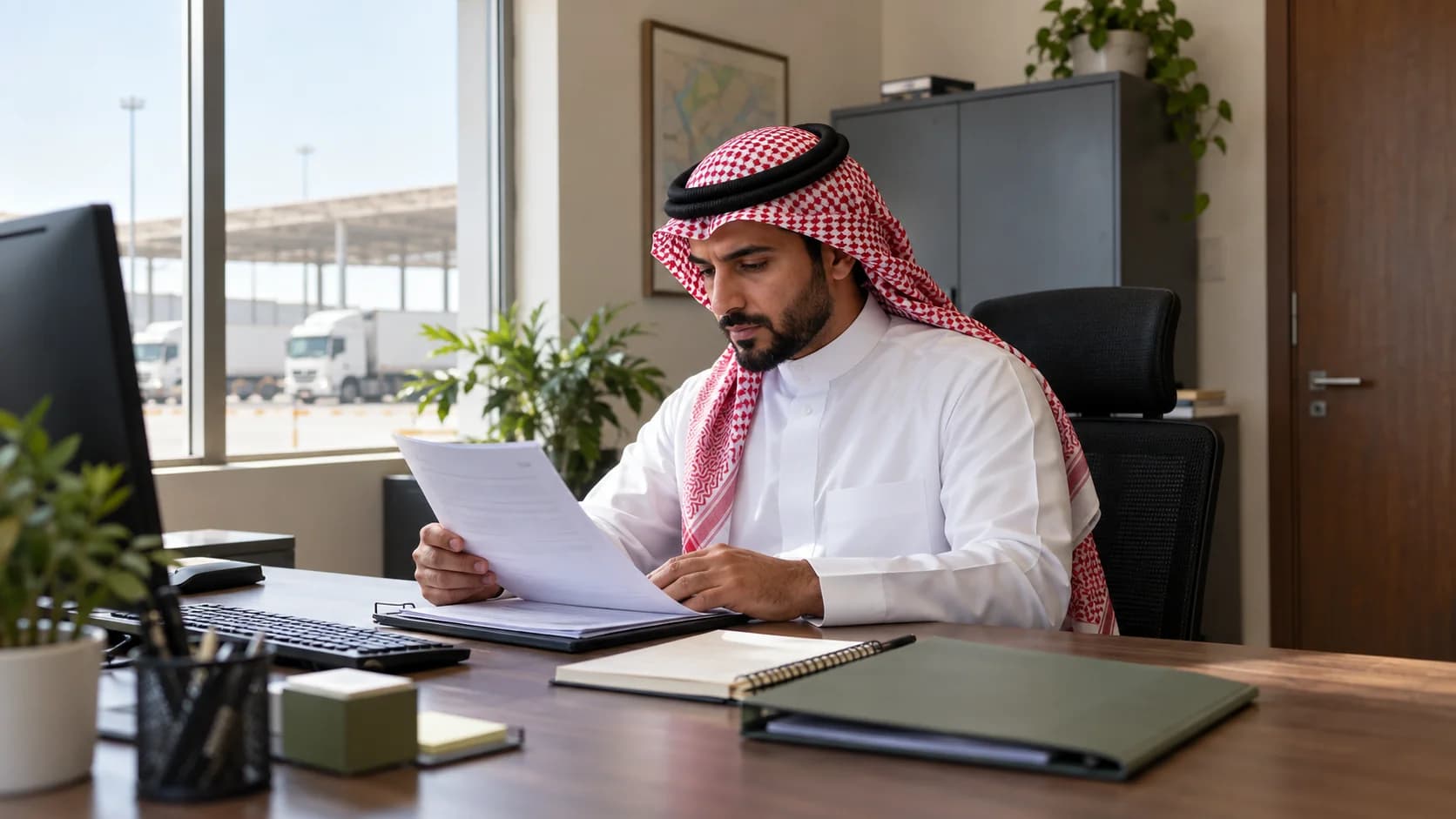 A safety coordinator reviewing driver records privately in an office.