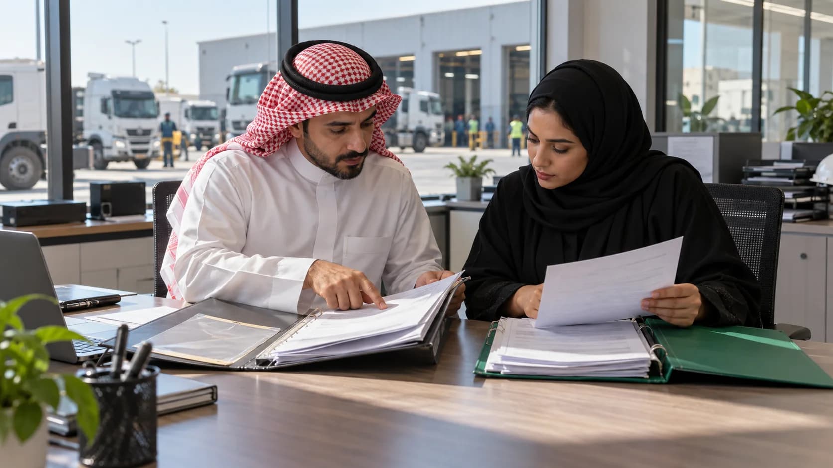 Colleagues checking a renewal result separately from its application records.