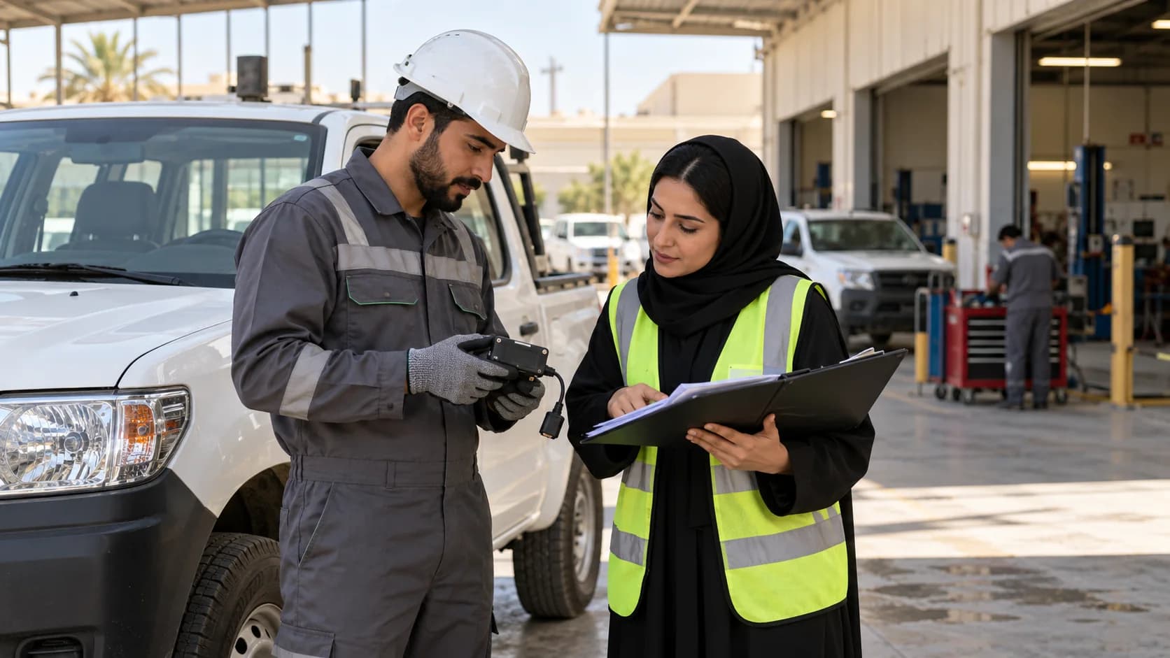 A coordinator and technician checking vehicle records during a device change.