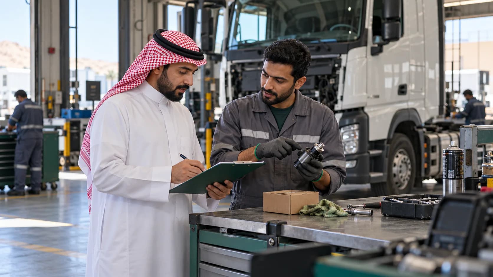 A maintenance planner and technician reviewing a repair record in a workshop.