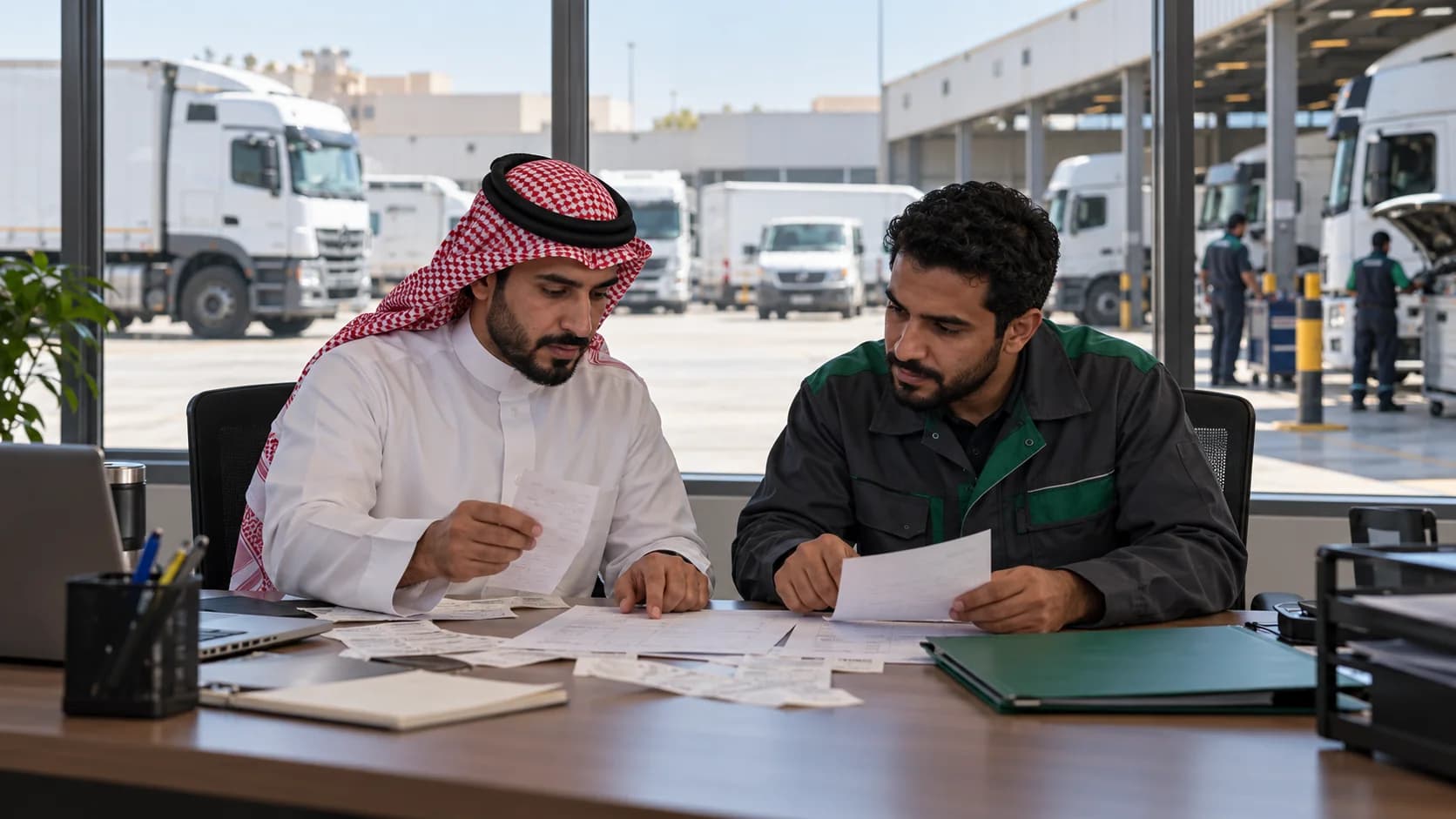 Fleet staff reviewing fuel receipts and repair records in a depot office overlooking parked trucks.