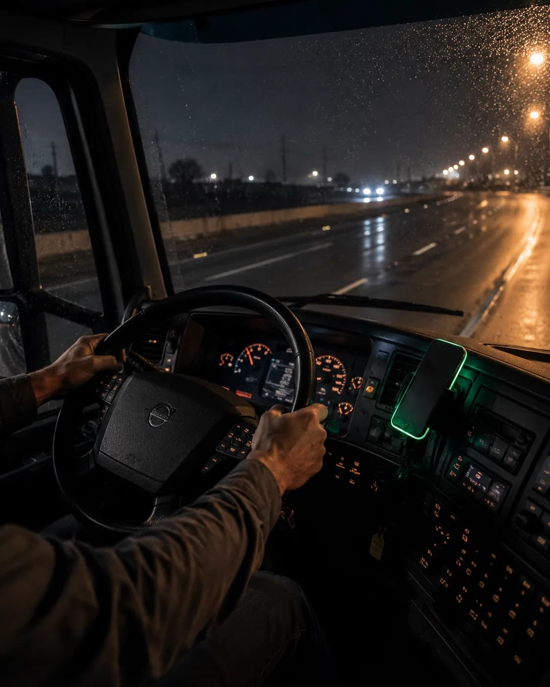 The interior of a truck cab at night, a driver’s hands on the wheel and a phone lit on the dash.