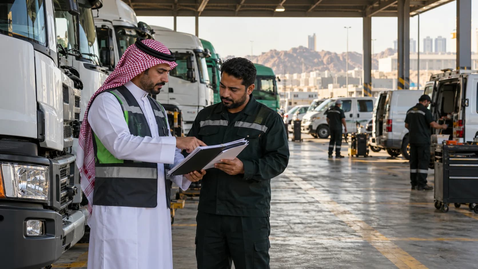 Branch supervisor and fleet controller reviewing vehicle assignments at a depot