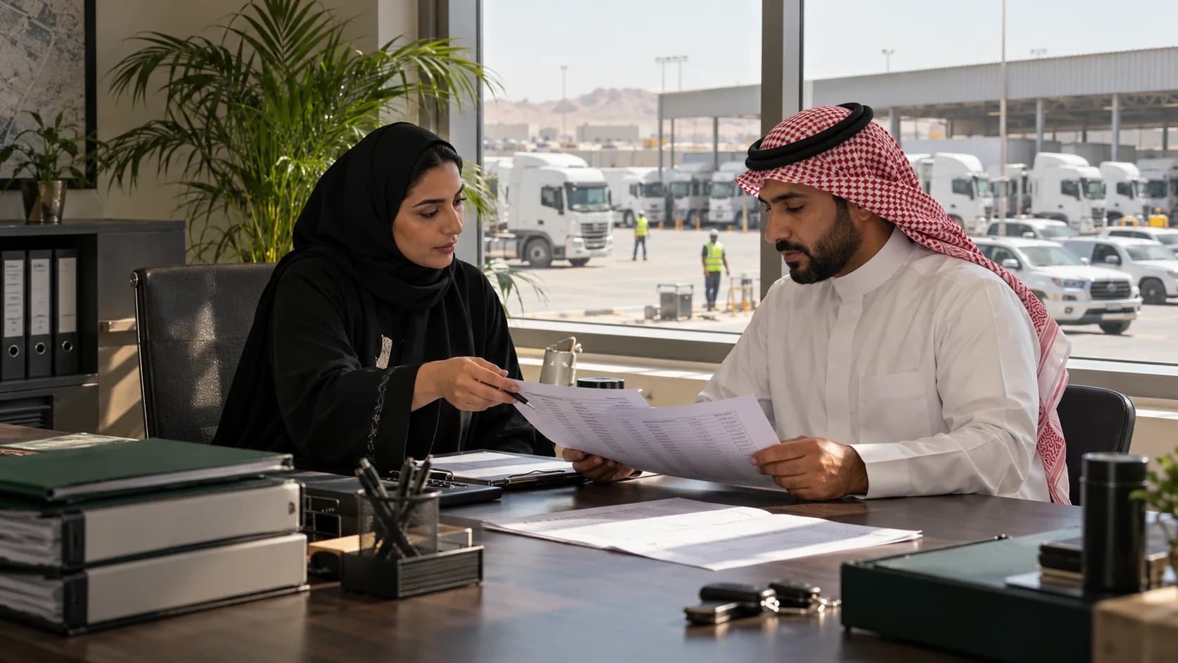 Fleet managers comparing responsibility and access records in an office