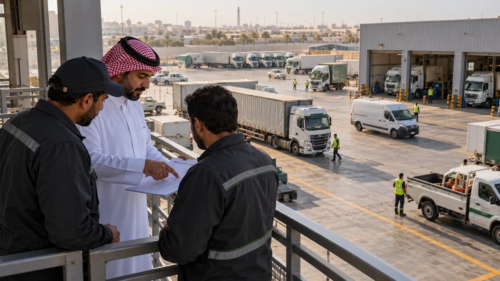 Saudi fleet managers overlooking a mixed commercial fleet at a depot