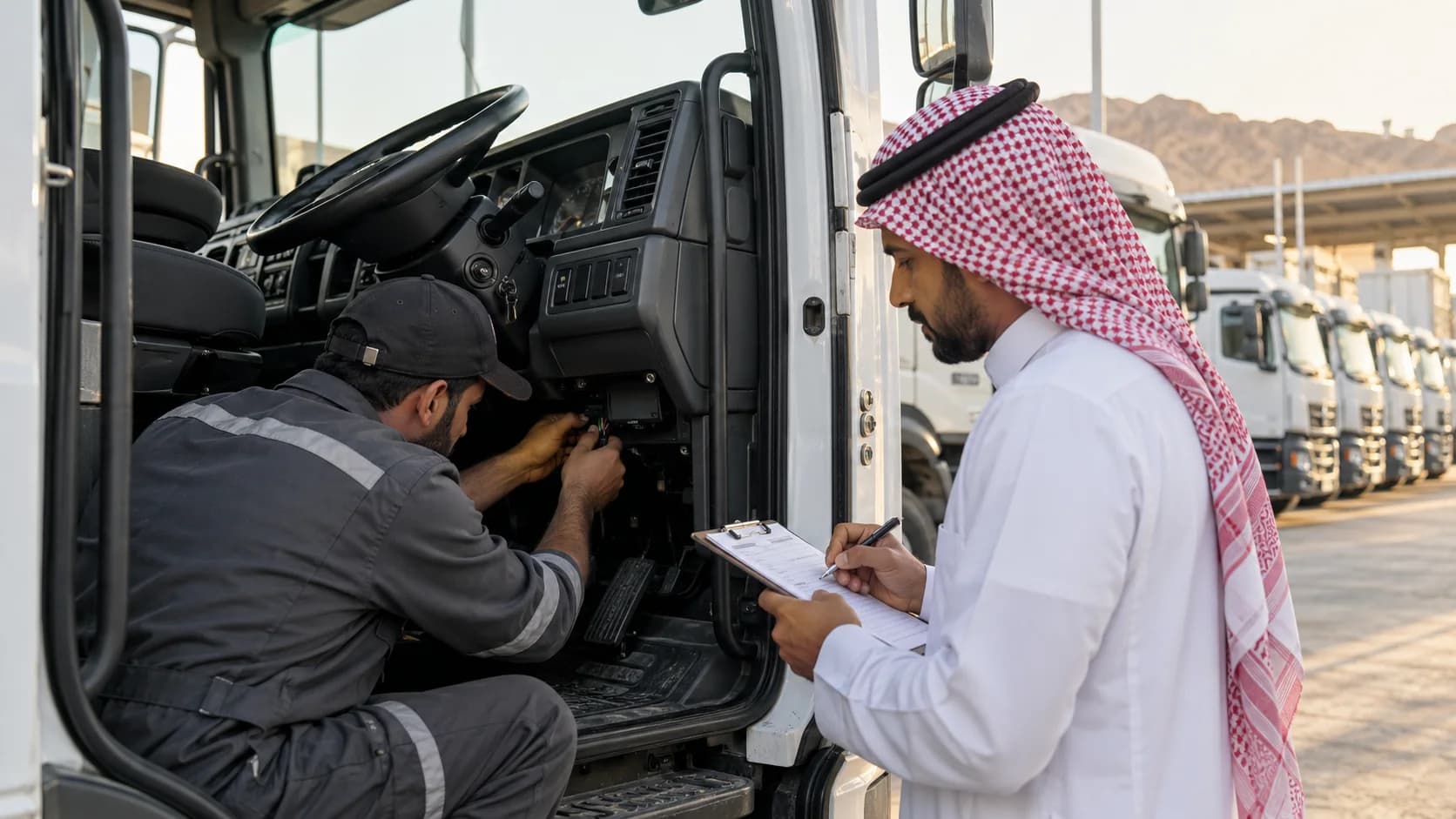 Installer and fleet manager checking a tracking device in a pilot vehicle