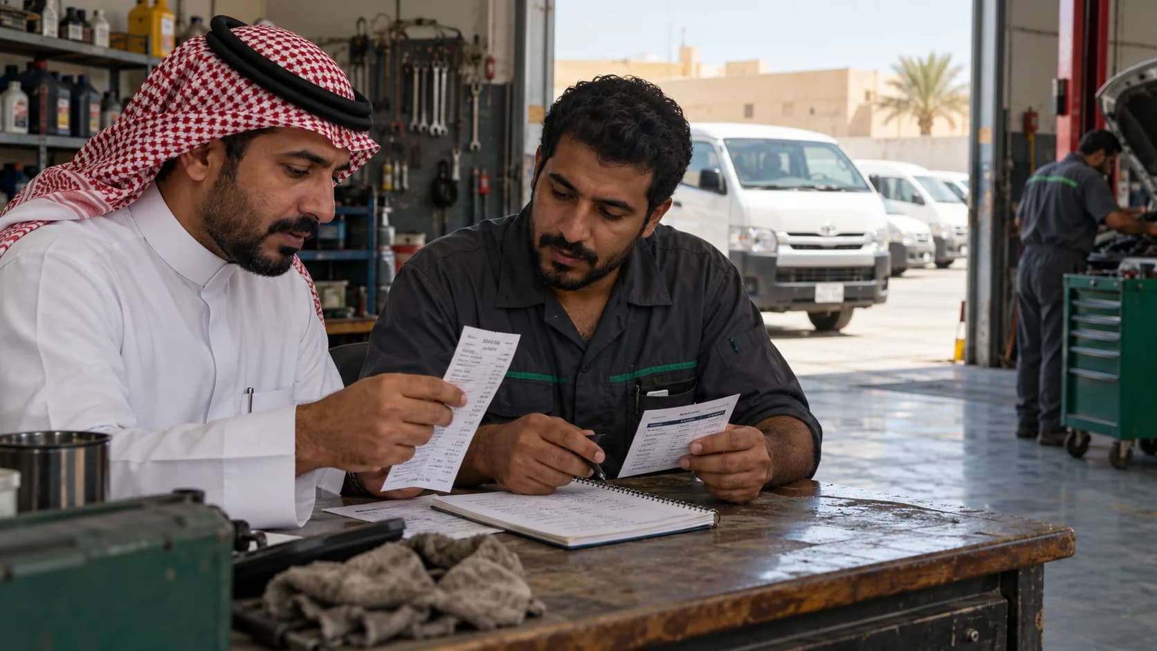 Small fleet owner and mechanic reviewing fuel and repair records