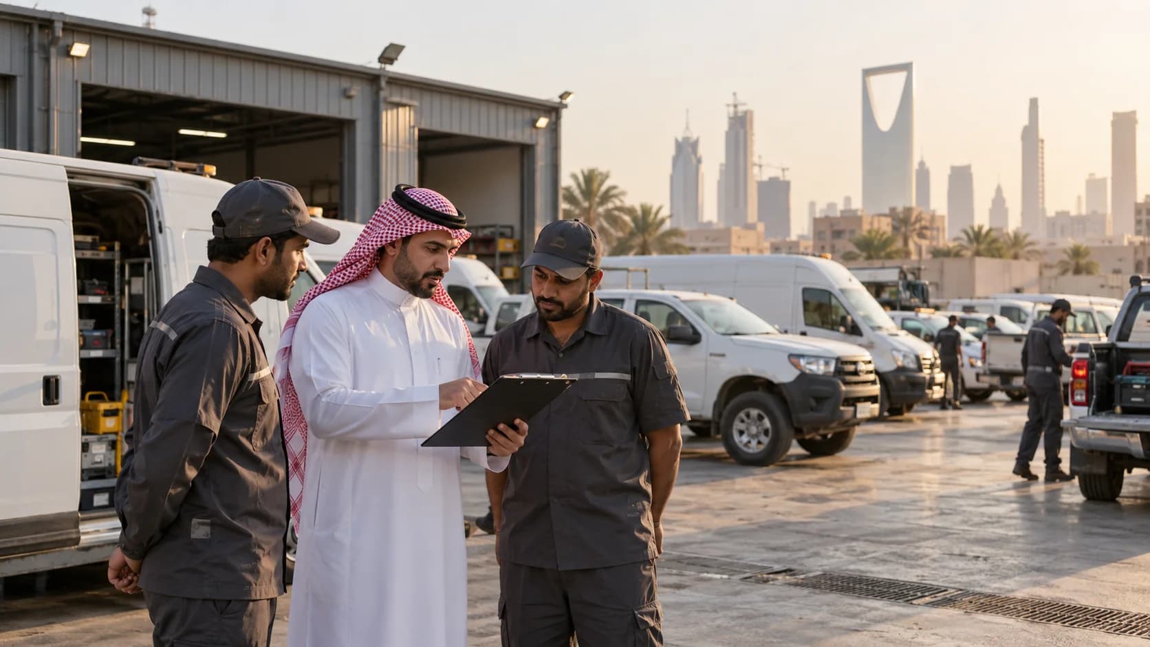 Owner and drivers planning departures beside a growing Saudi fleet