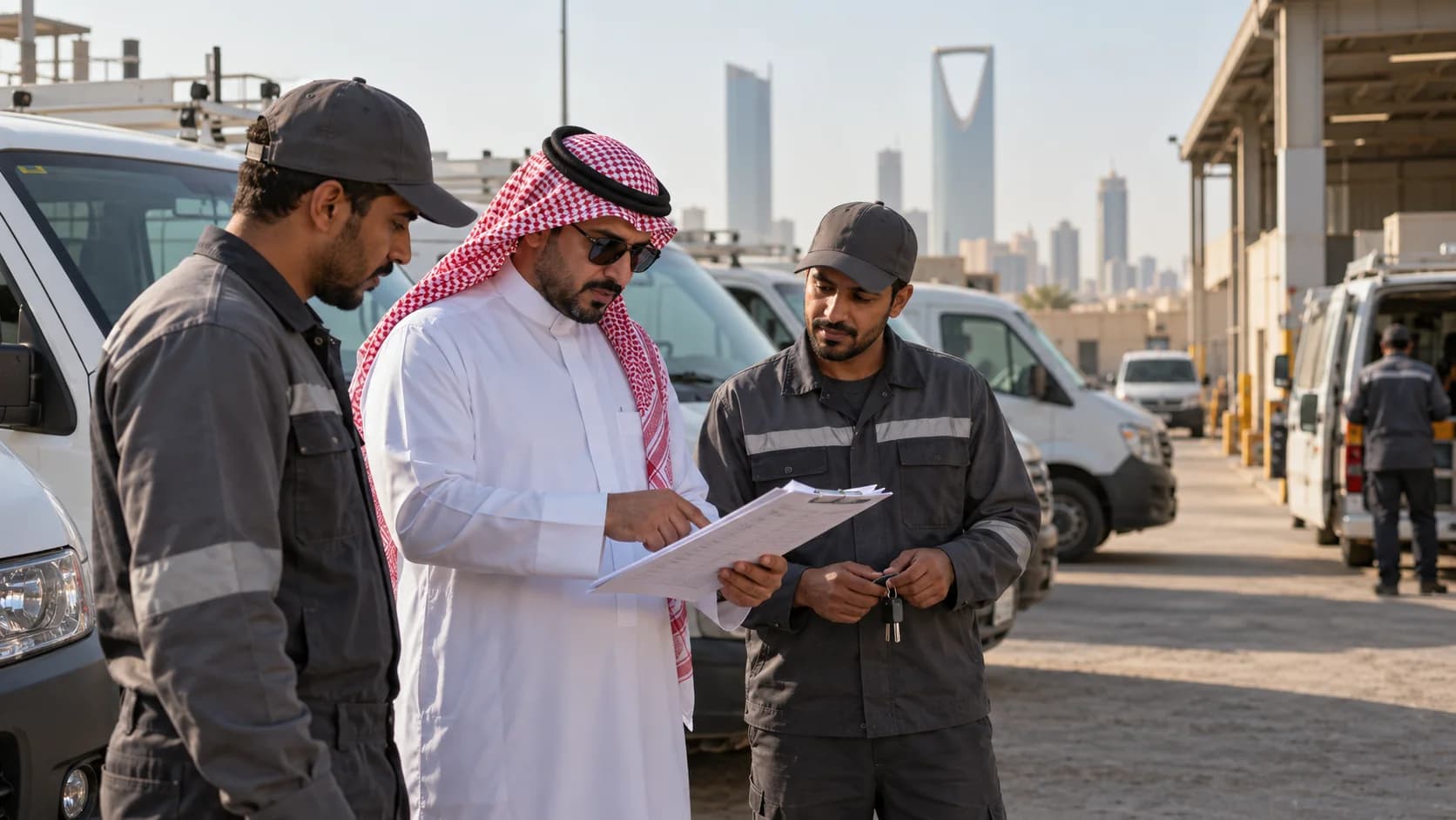 Dispatcher and drivers checking a vehicle roster before departure