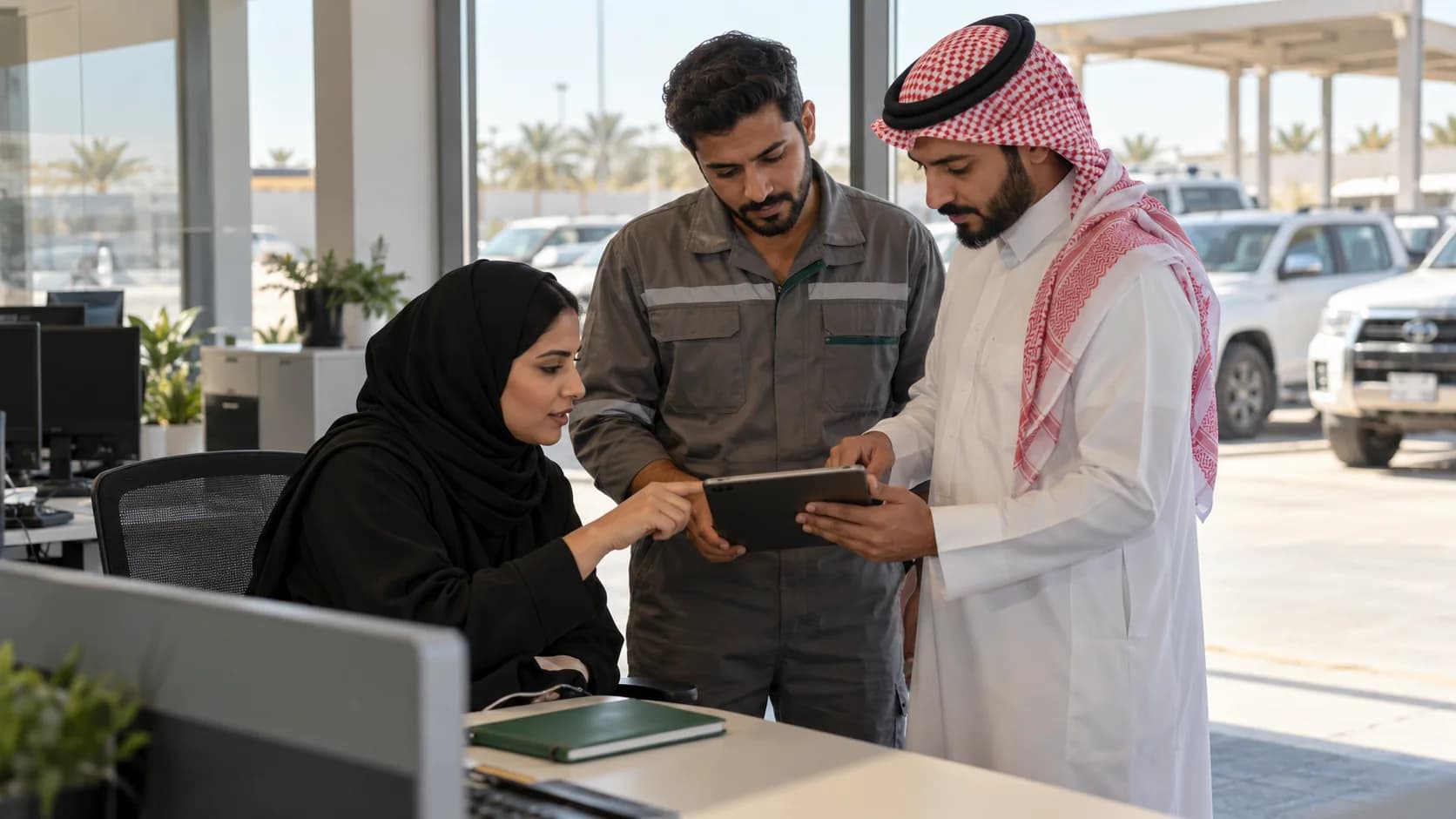 A dispatcher, manager and technician trying a fleet workflow together in a depot office.