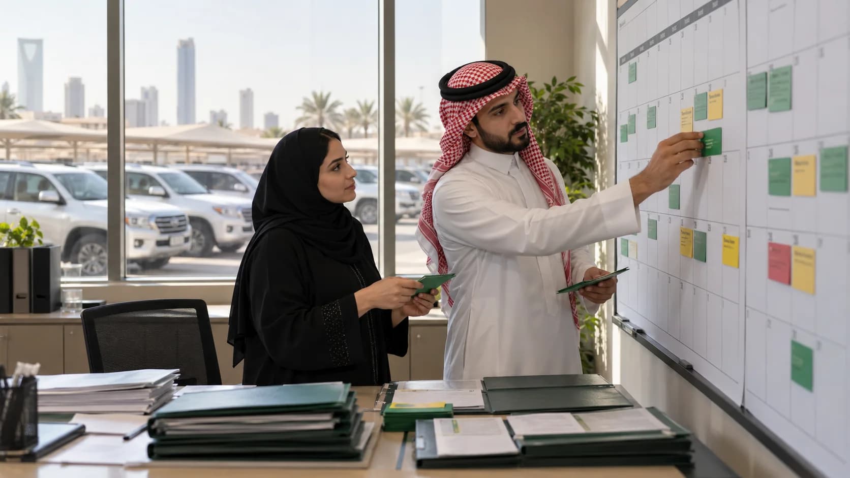 Fleet staff reviewing vehicle renewals on a wall calendar in a depot office.
