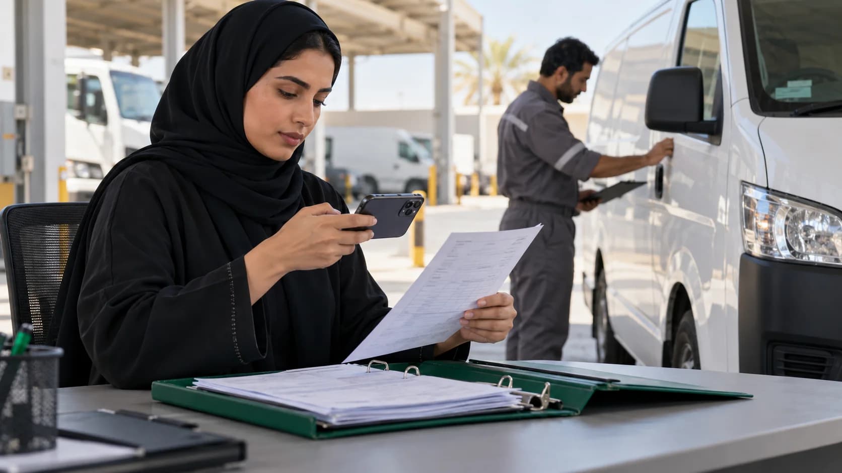 A coordinator photographing a vehicle document while a technician checks a parked van.