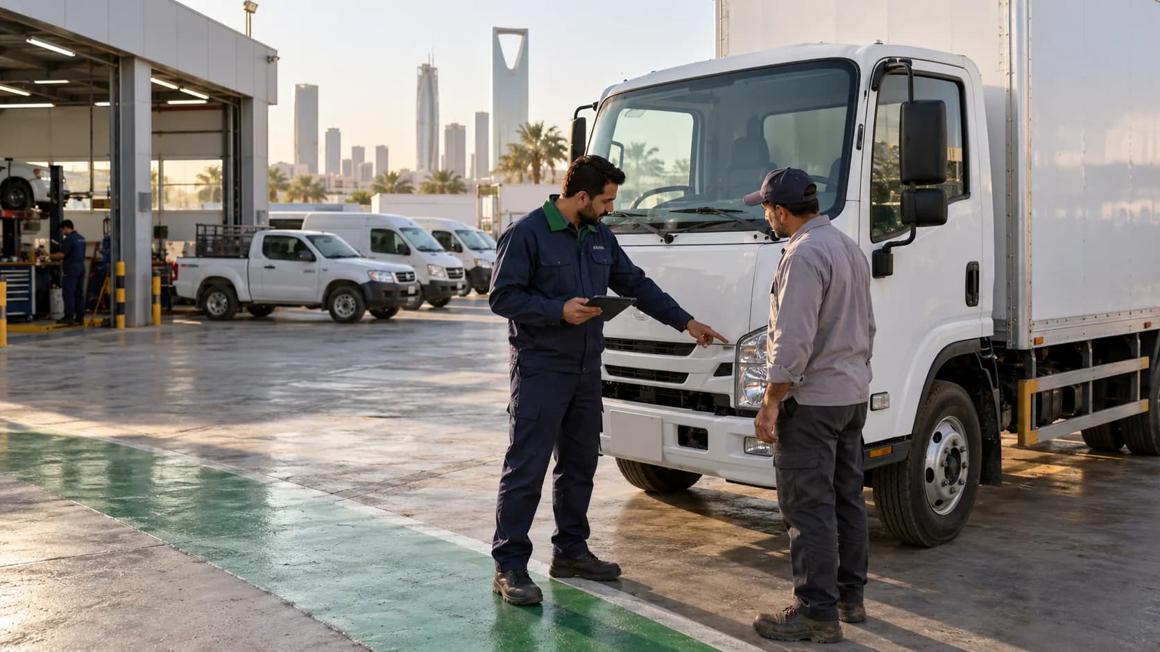 A fleet supervisor and driver checking a parked box truck at a Saudi depot.