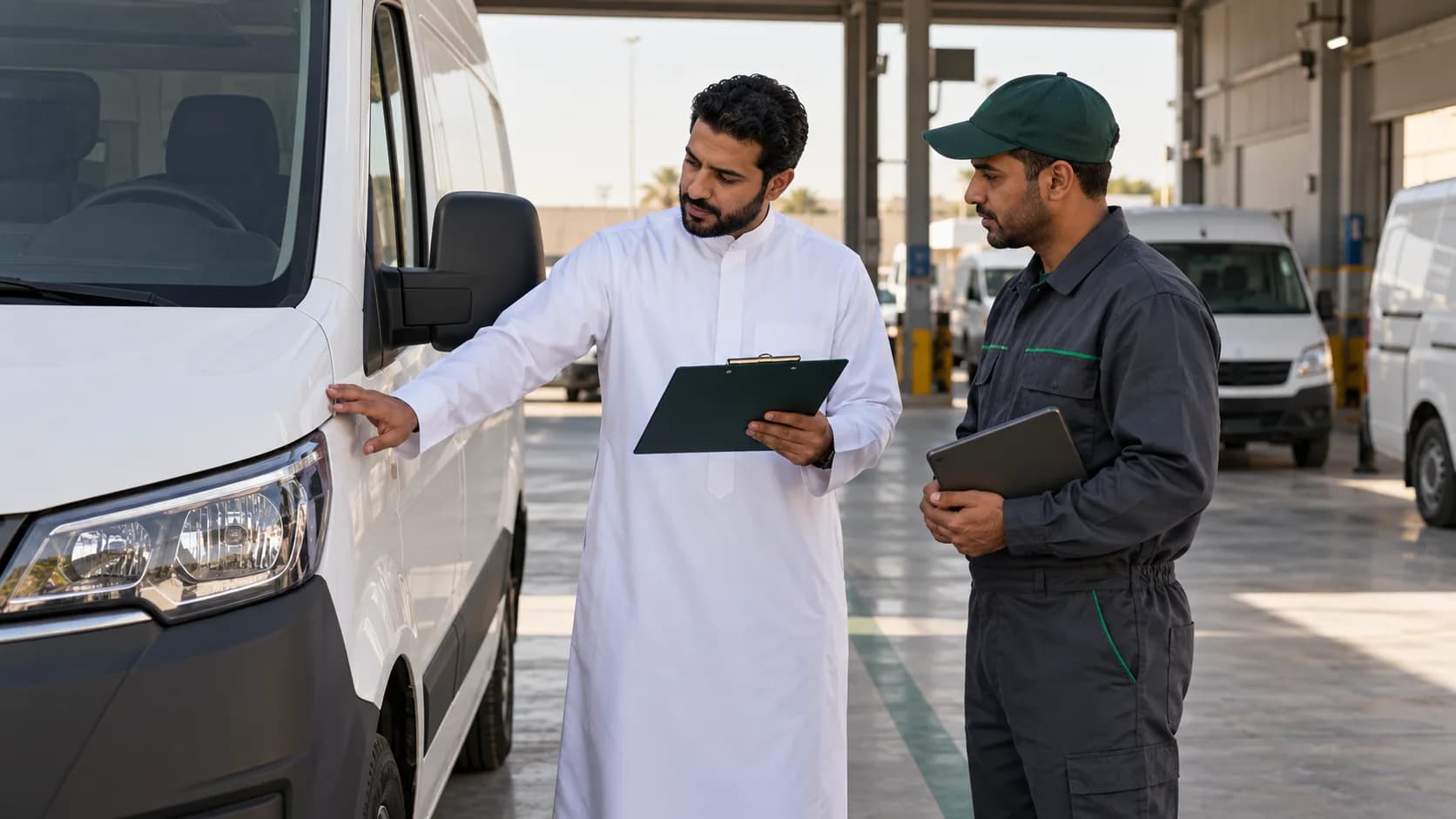 A supervisor and technician checking a new van at a depot intake bay.