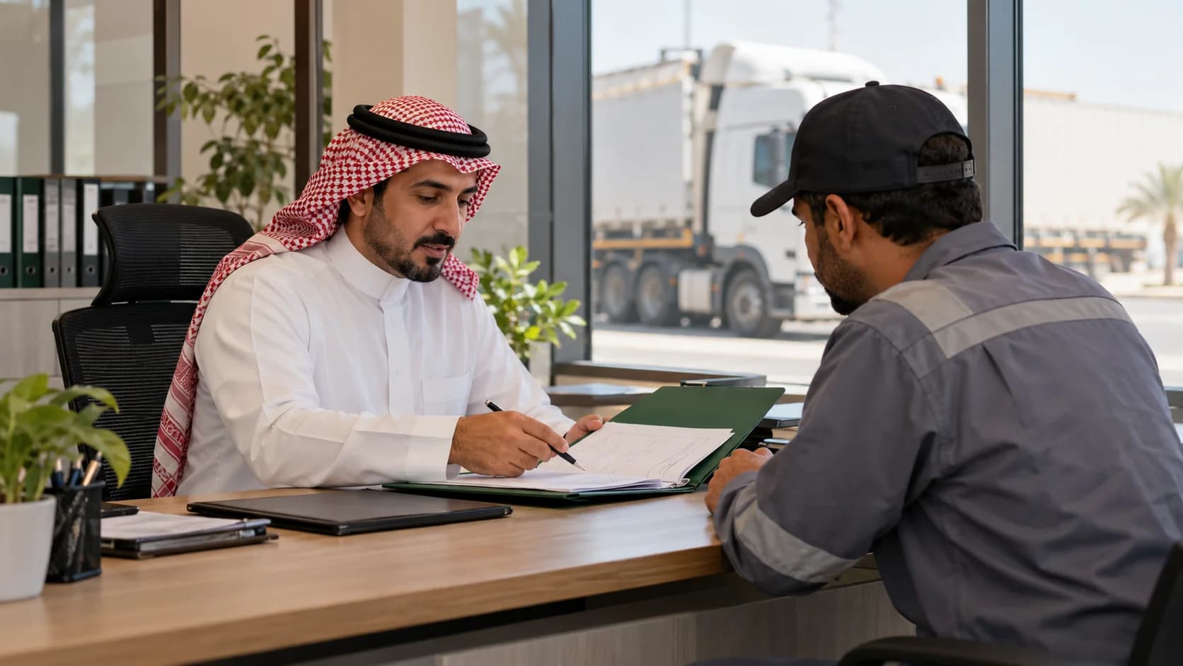 A fleet supervisor reviewing an assignment with a driver in a depot office.
