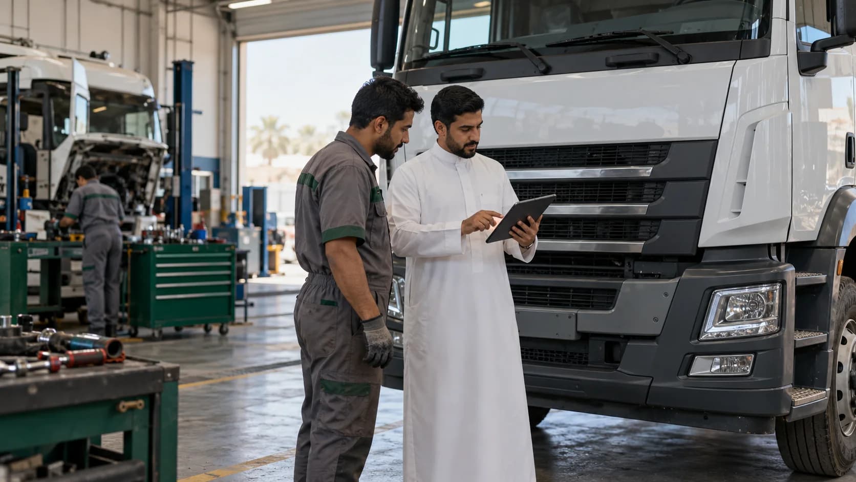 A technician and supervisor reviewing a repaired truck in a workshop.