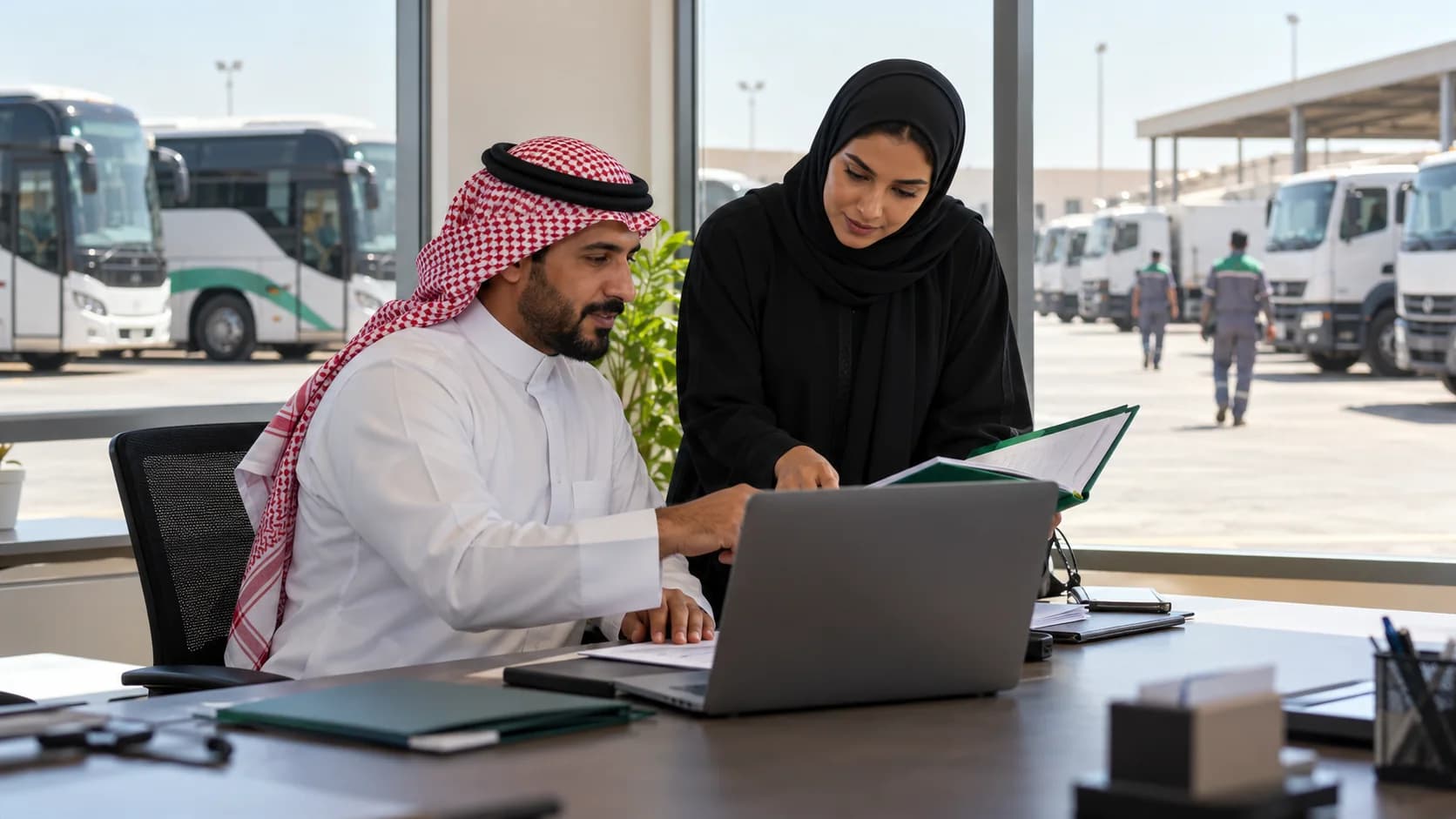 Transport staff comparing fleet records in an office overlooking parked coaches and trucks.