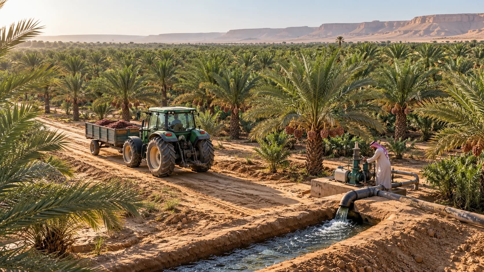 Tractor working among date palms at a Saudi farm