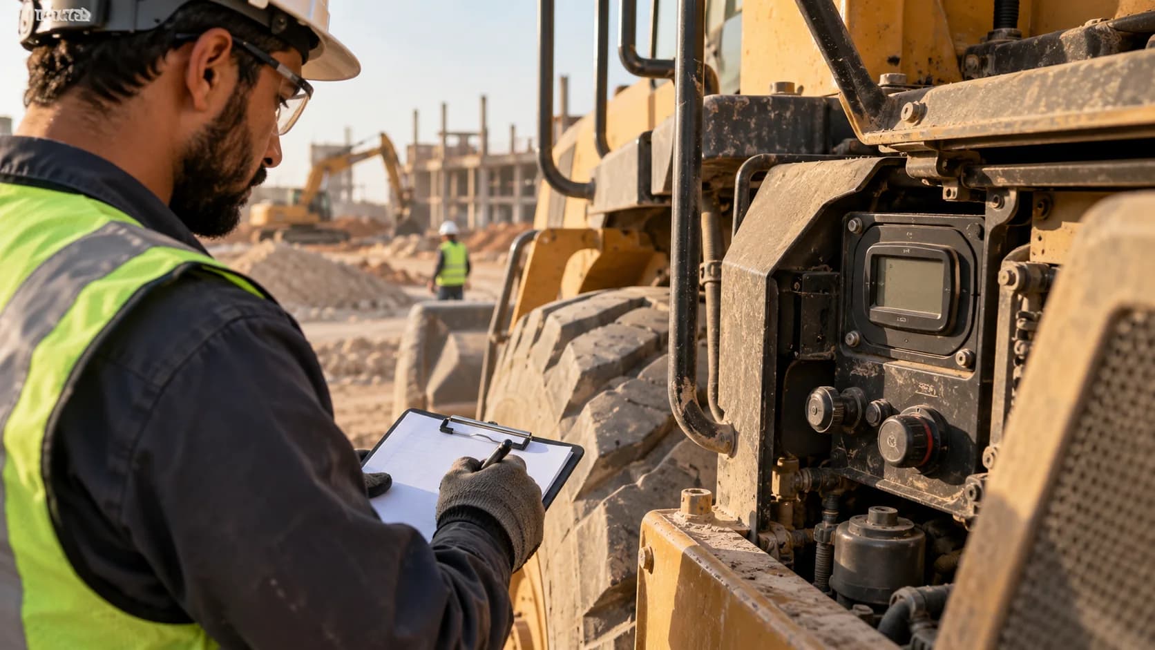 Mechanic recording a loader's use at a Saudi construction site