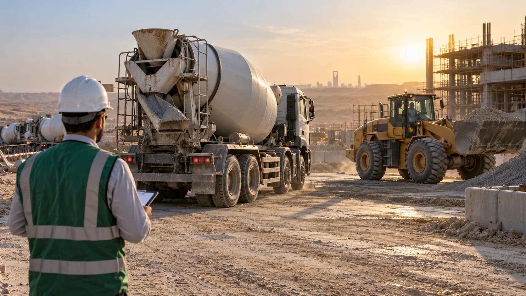 Site engineer watching a ready-mix truck and loader at a Saudi construction site