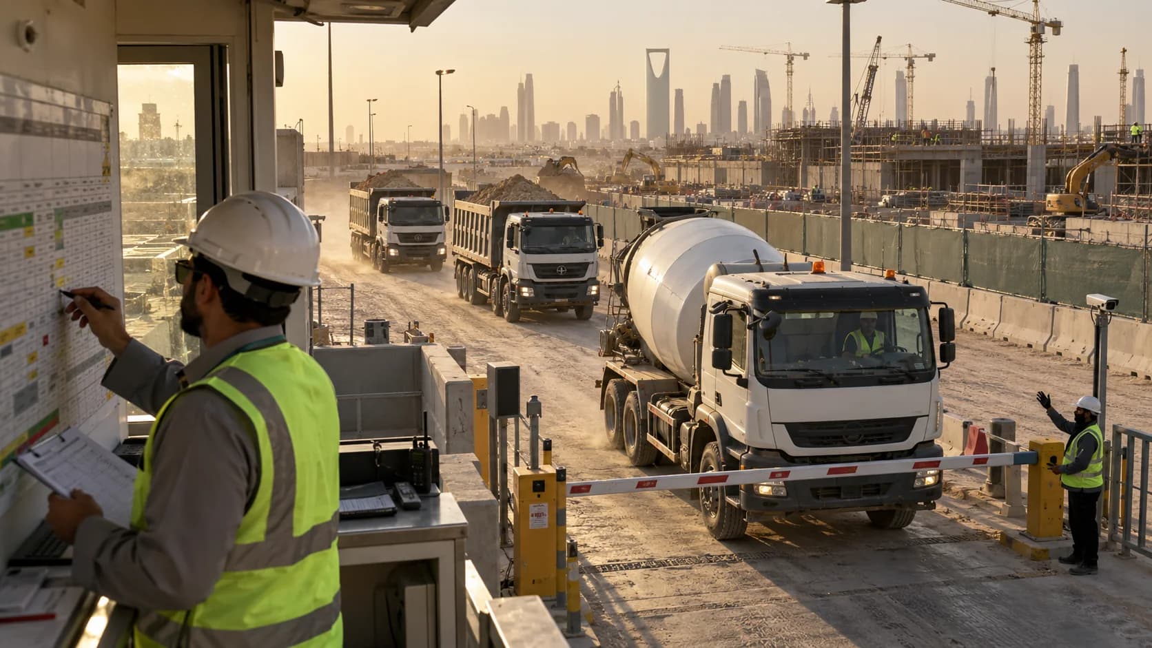 Dispatcher watching trucks arrive at a Saudi construction gate