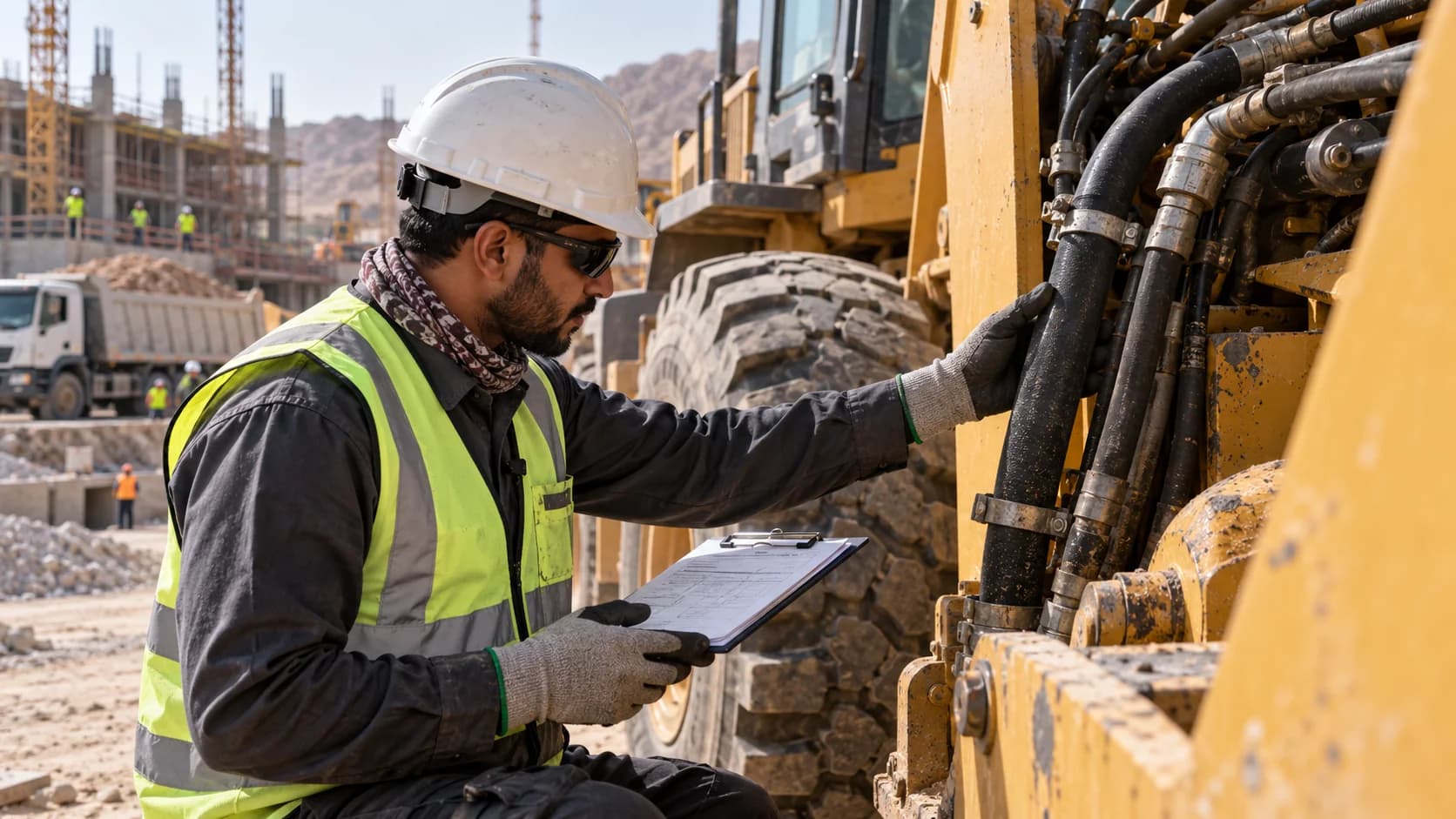 Mechanic inspecting a loader's hydraulic system on site