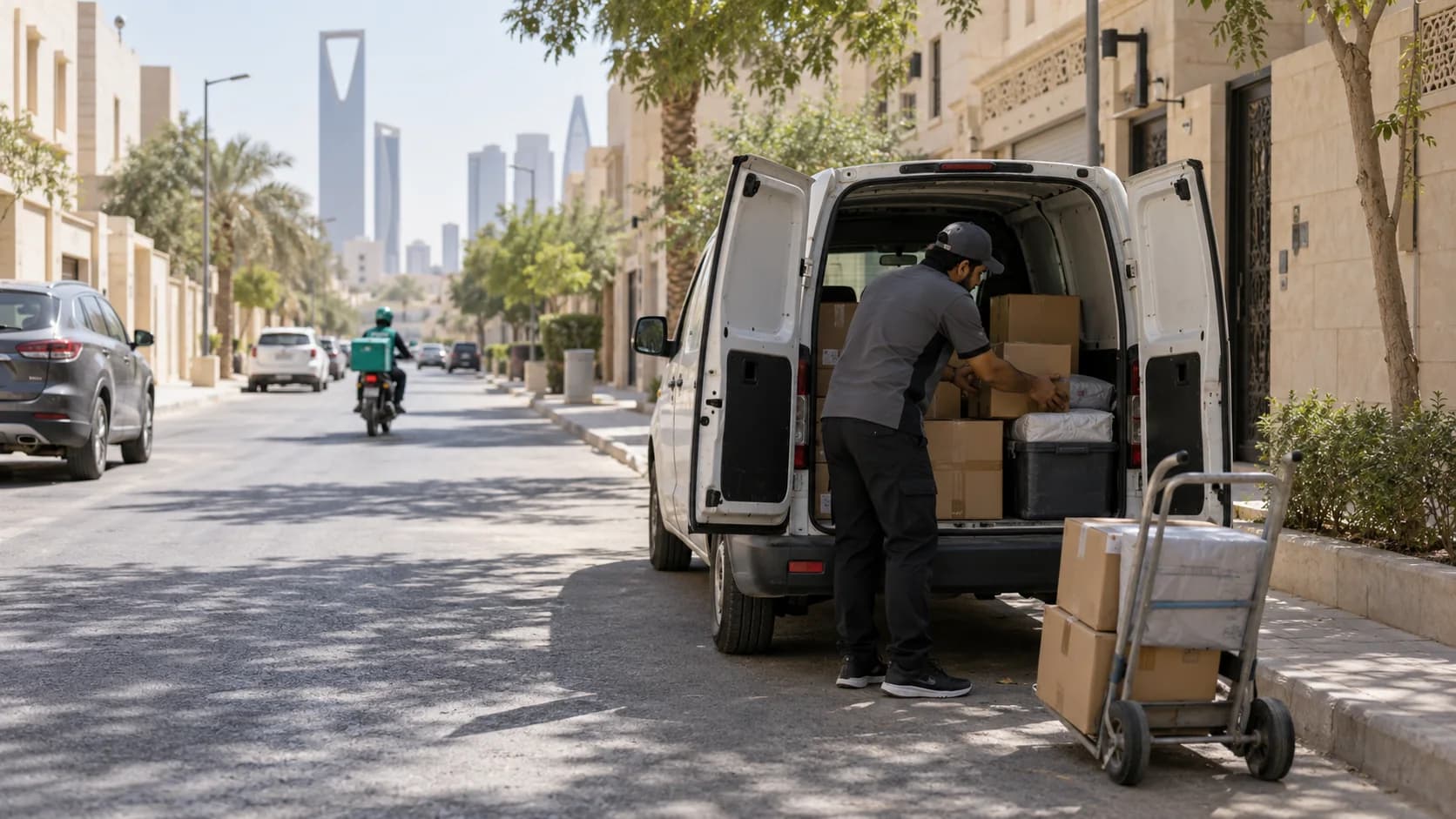 Courier loading parcels into a delivery van on a Riyadh street