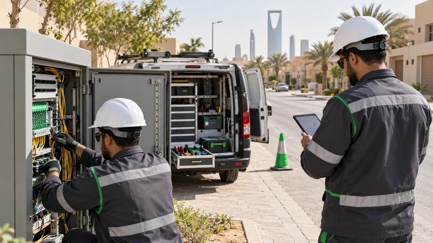 Technicians working beside an organized service van at a Saudi telecom cabinet