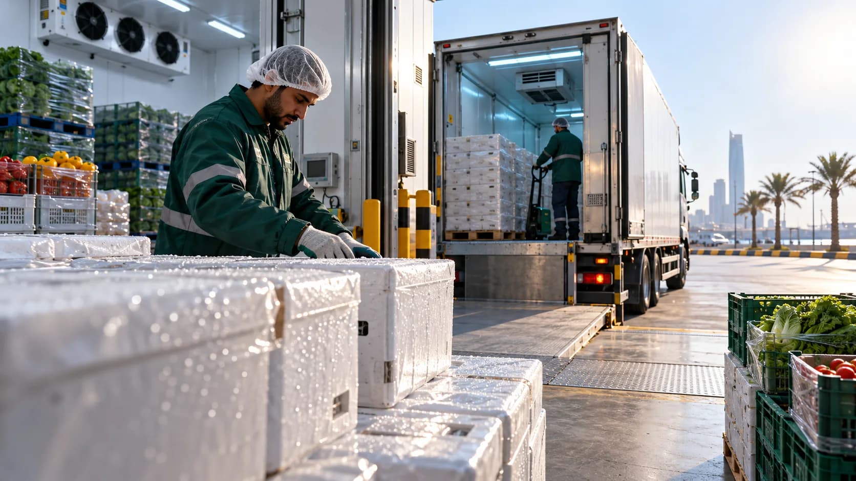 Chilled food cartons being checked at a refrigerated loading bay in Saudi Arabia