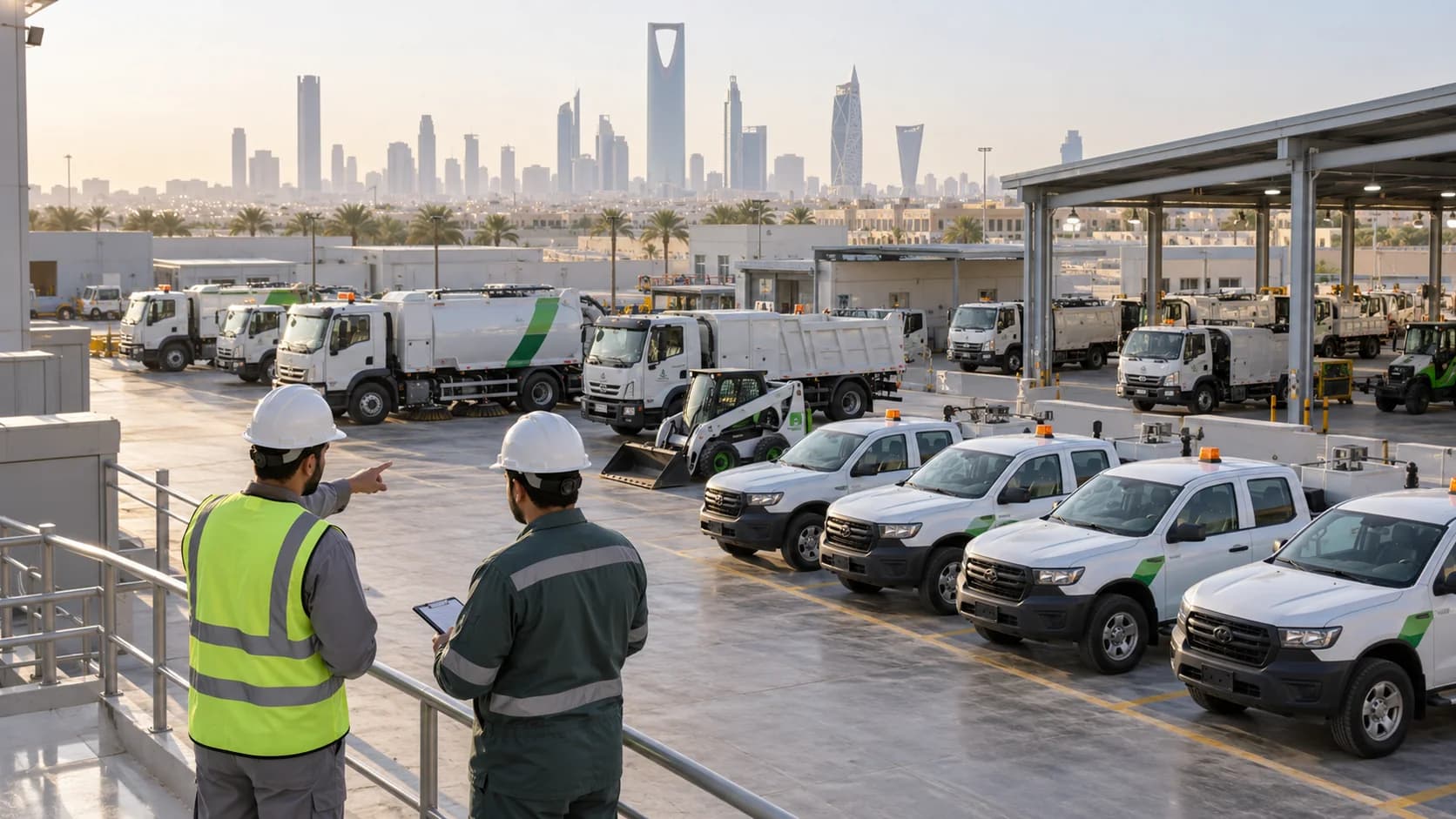 Supervisors reviewing vehicles at a Saudi municipal fleet depot